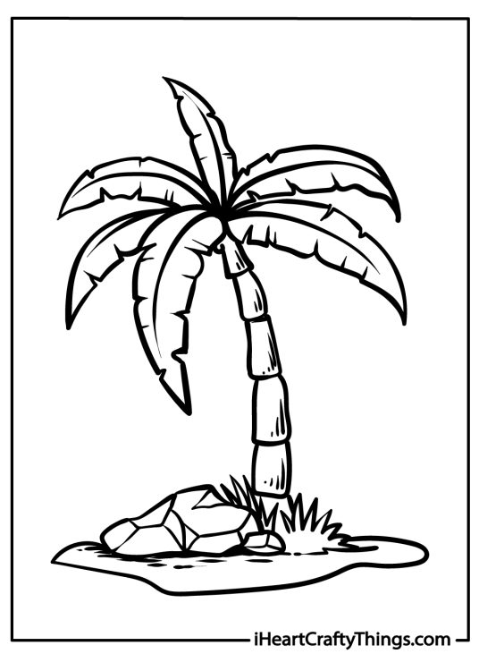 Coloring picture presenting intricate palm tree on a small and rocky island slightly bent to the left side