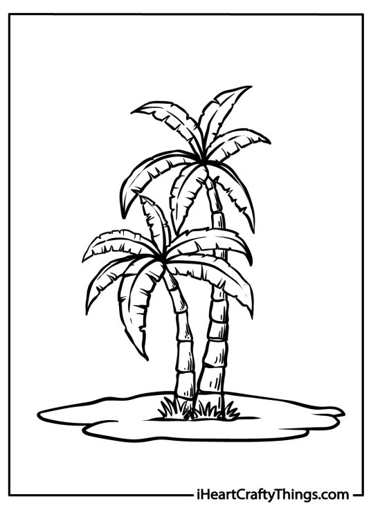 Coloring page featuring two palm trees with long thin trunks and large leaves growing on a small circular island