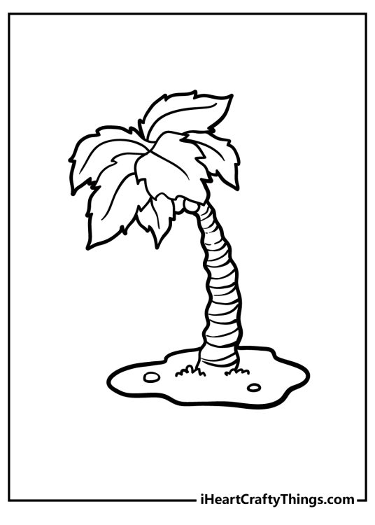 Coloring sheet for children featuring single palm tree with broad leaves growing on a small island