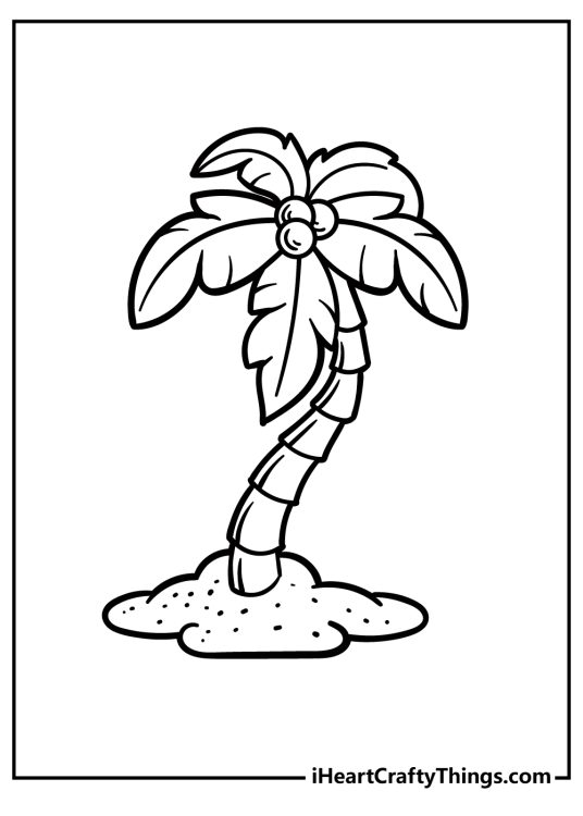 Printable coloring sheet for children featuring cartoony palm tree on a sandy island