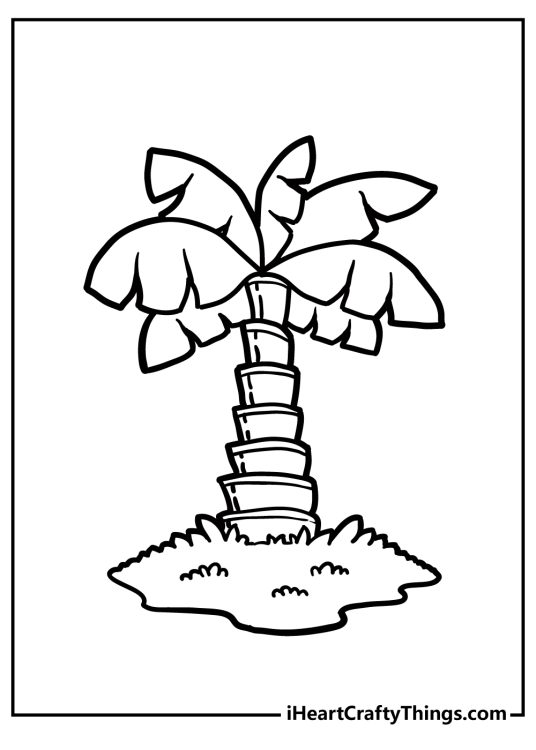 Coloring image for children featuring traditional palm tree growing in a grassy terrain