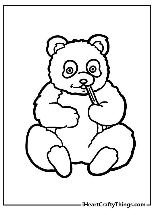 Black-and-white coloring sheet for kids of an adult panda snacking some tasty bamboo