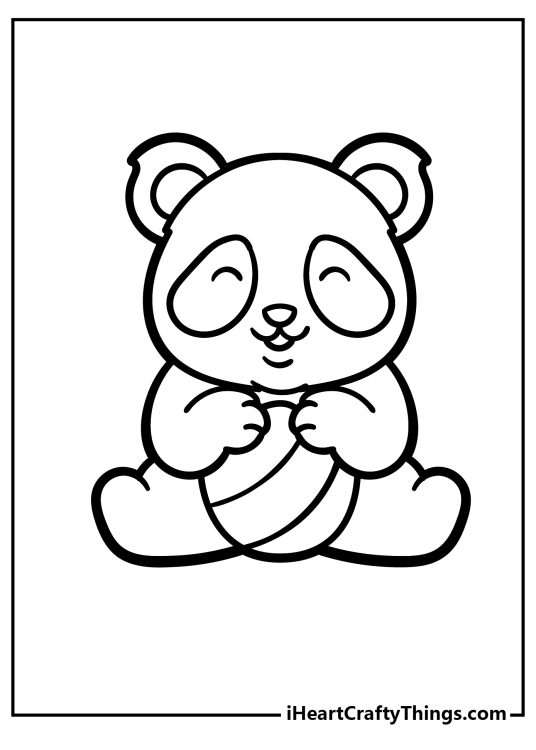 Detailed printable coloring sheet for children featuring happy panda holding a ball