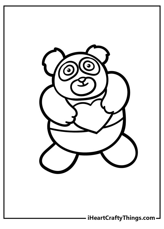 Printable coloring poster of a panda drawn in a quirky cartoon style holding a big heart
