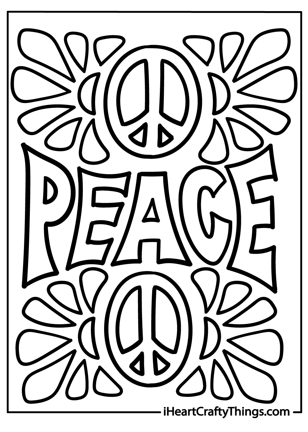 Coloring page featuring peace symbols at the top and bottom pf page with word PEACE written between them