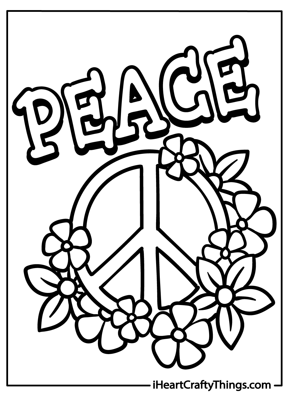 Coloring picture presenting word PEACE with circular flowery peace symbol below it