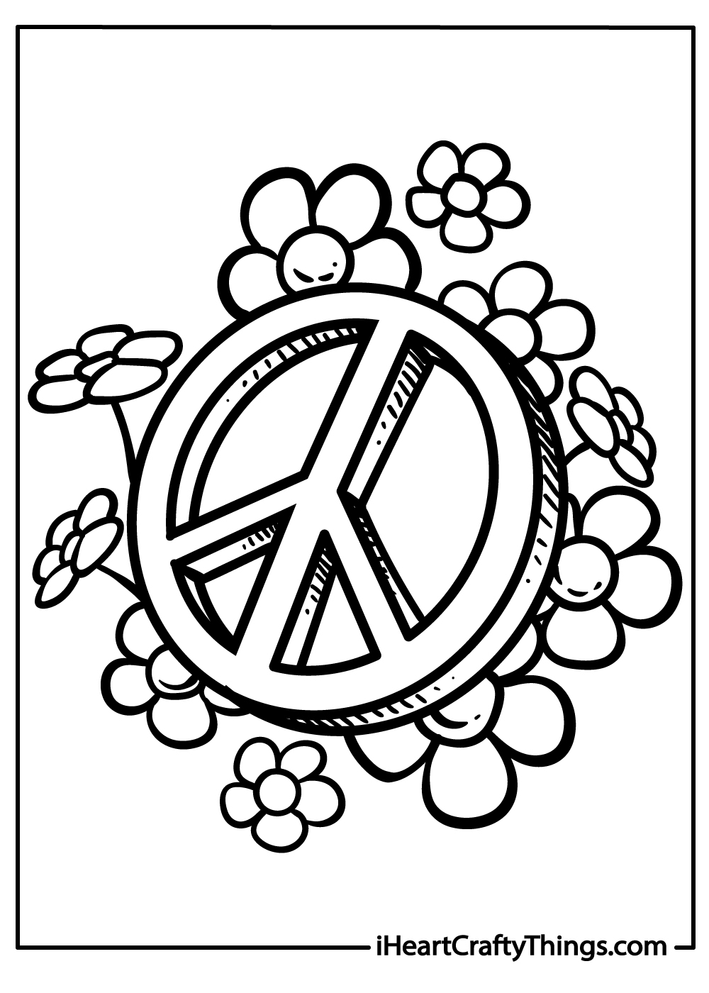 Detailed coloring picture for children featuring circular peace symbol surrounded by daisies