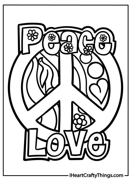 Coloring page of large peace sign in the centre, word Peace at its top and Love at the bottom