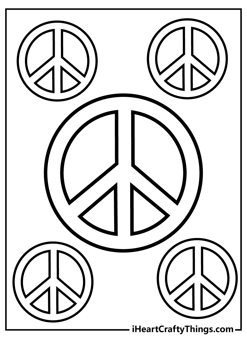 Free coloring sheet presenting five simple composition peace symbols with the largest one in the centre