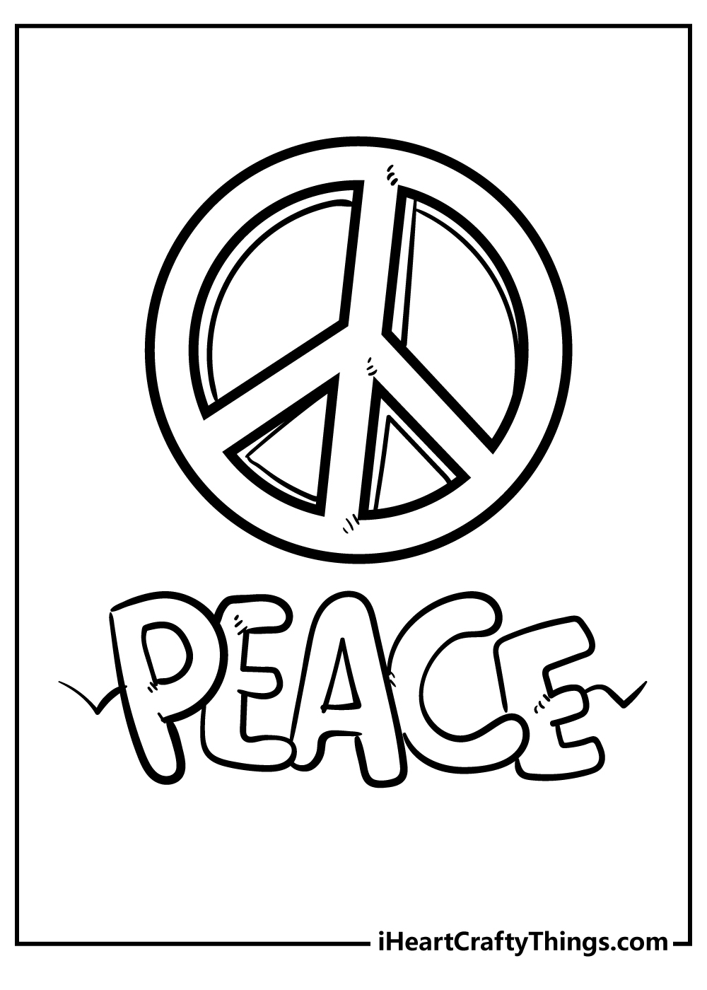 Coloring sheet to print presenting a peace symbol with a PEACE word written under it