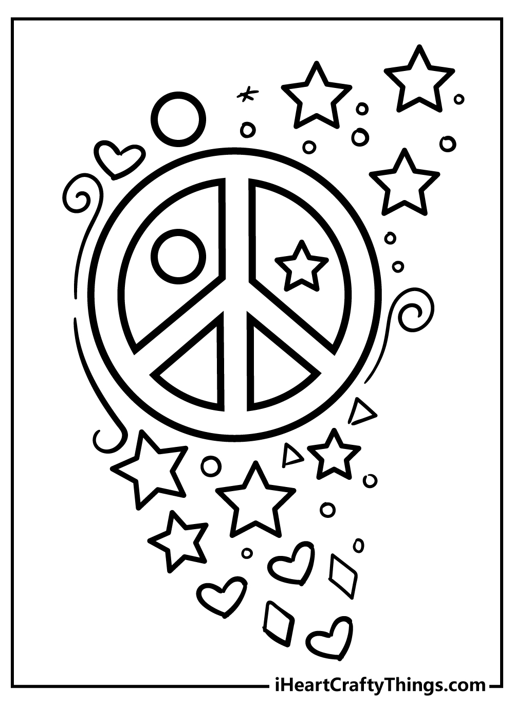 Creative coloring sheet depicting peace symbol surrounded by stars, hearts and circles