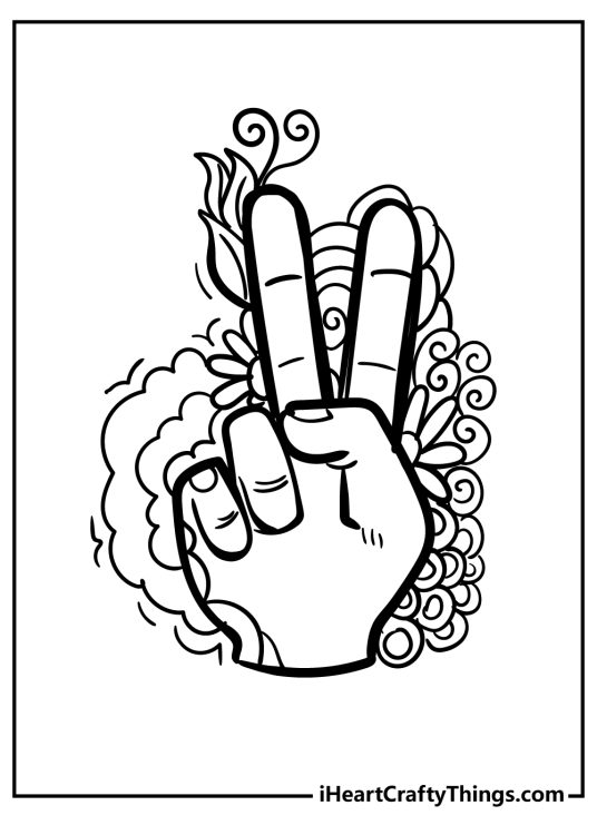 Picture of two extended fingers representing peace symbol with flowers, leaves and wavy lines surrounding it