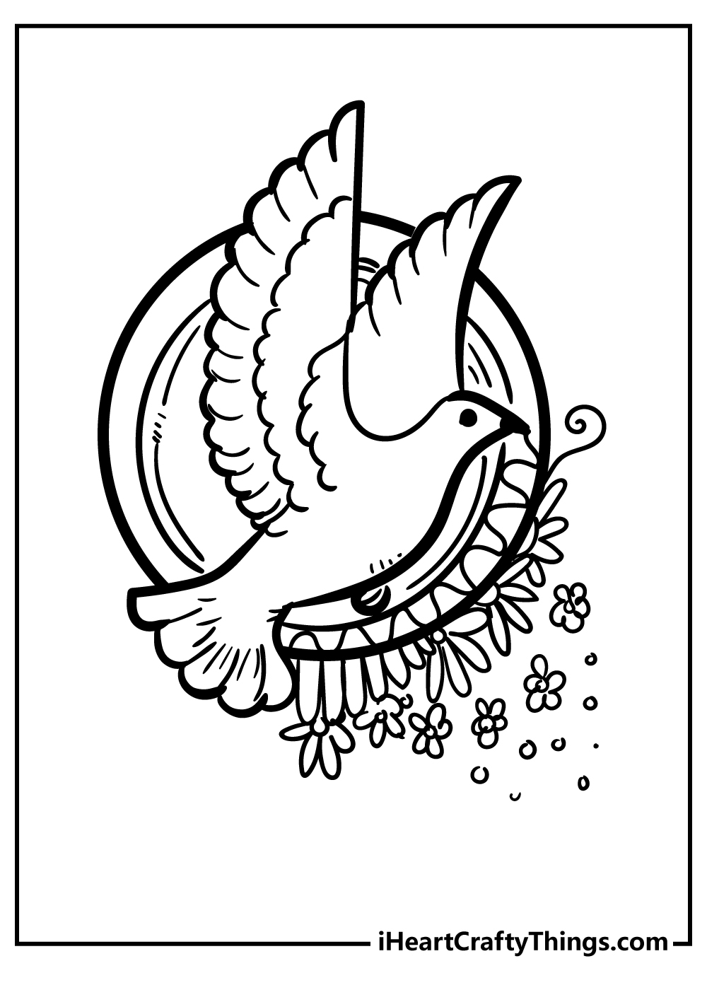 Peace-themed coloring card featuring white dove in front of a circle decorated with flowers