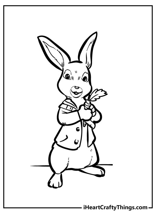 Detailed coloring portrayal of a happy-looking Peter Rabbit posing with his carrot