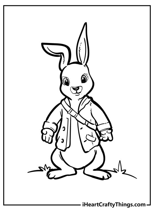Black-and-white drawing for kids of a Peter Rabbit wearing a jacket and his backpack