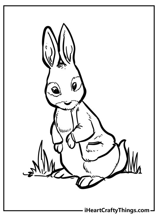 Peter Rabbit coloring sheet featuring Peter dressed in his signature jacket posing outdoors