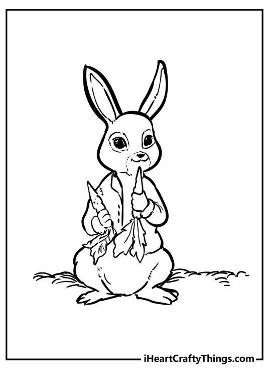 Coloring poster for kids with a Peter Rabbit featured sitting on a field with a carrot in each hand