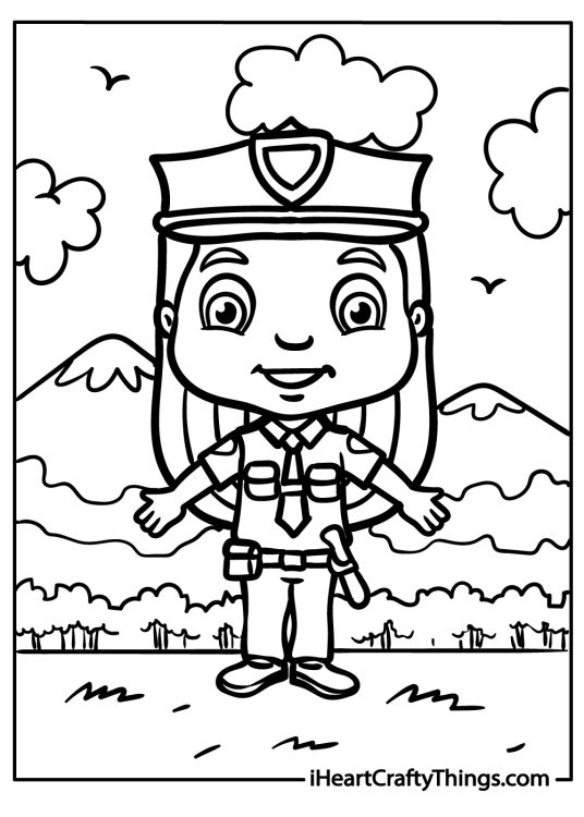 Coloring page of a cartoony female police officer posing in the park with mountains in the background
