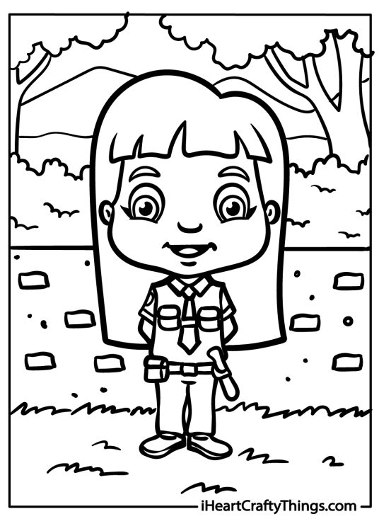 Printable page of a cartoony female police officer with long hair posing in front of a brick wall backdrop