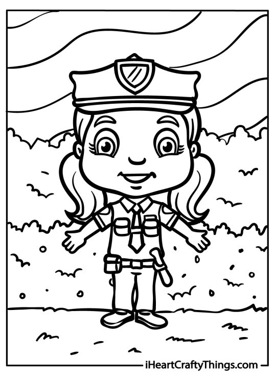 Coloring pdf of a young policewoman with two ponytails under her cap looking welcoming as holding her arms out