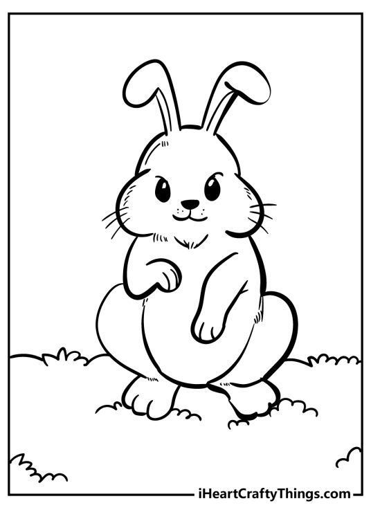 Peter Rabbit coloring picture for kids featuring cute rabbit with chubby cheeks sitting on the grass