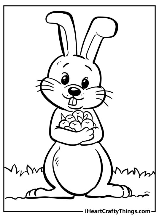Peter Rabbit coloring image featuring cute rabbit with long ears holding a bunch of apples