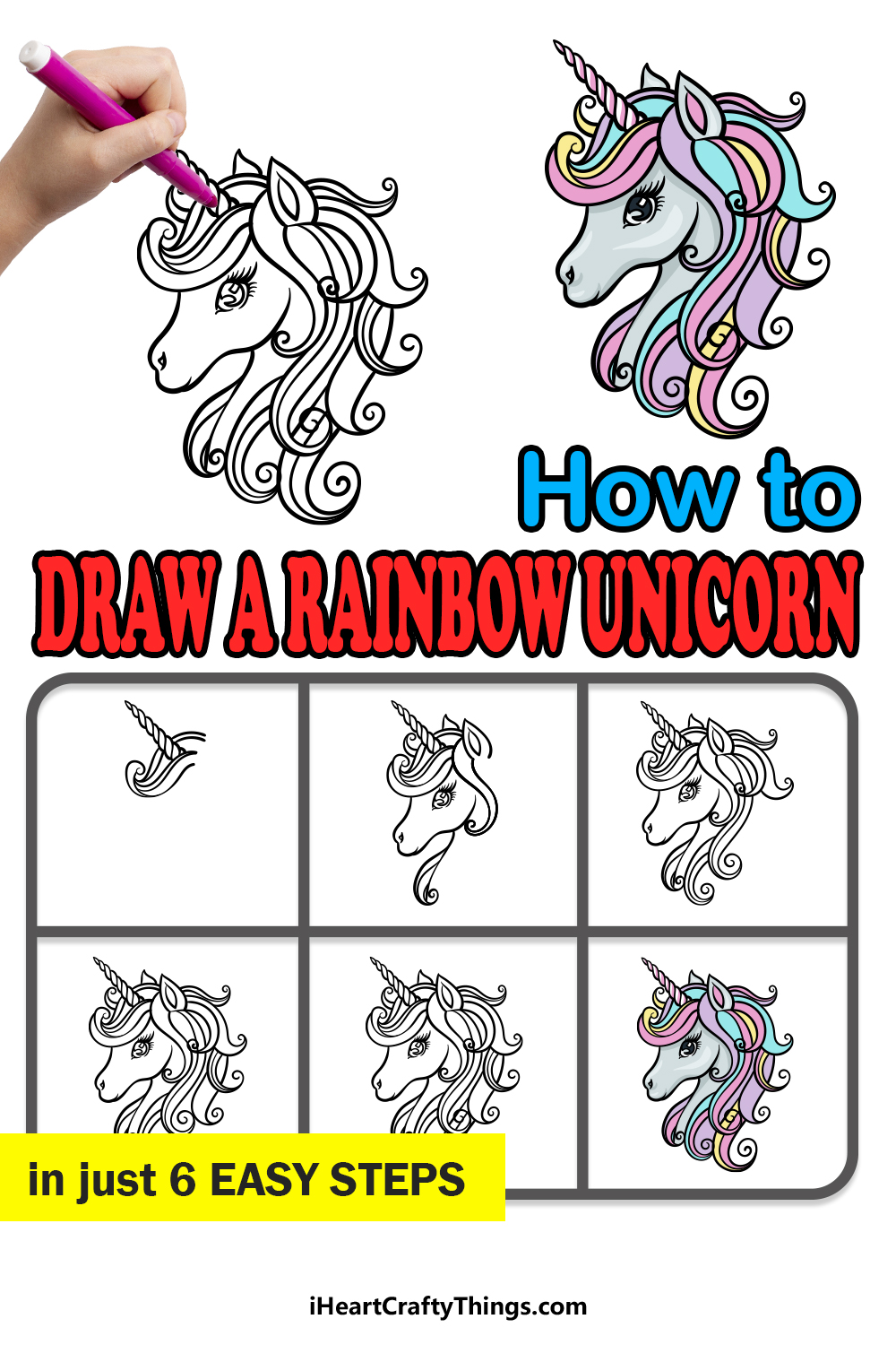 how to draw a Rainbow Unicorn in 6 easy steps