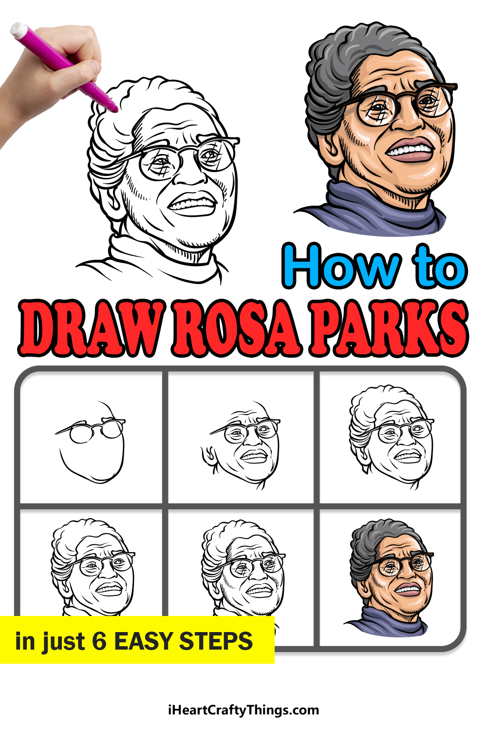 how to draw Rosa Parks in 6 easy steps