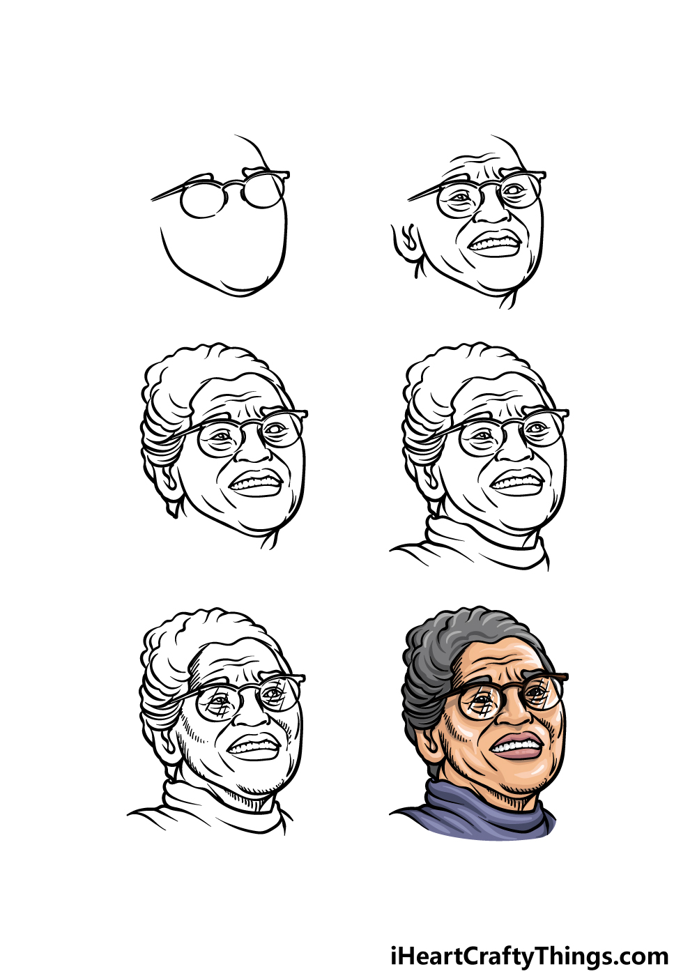 how to draw Rosa Parks in 6 steps