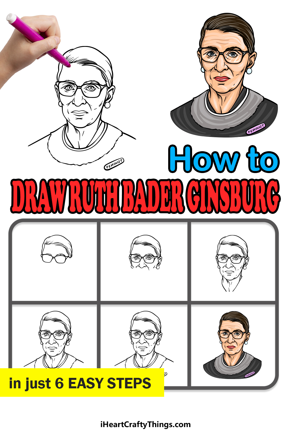 how to draw Ruth Bader Ginsburg in 6 easy steps