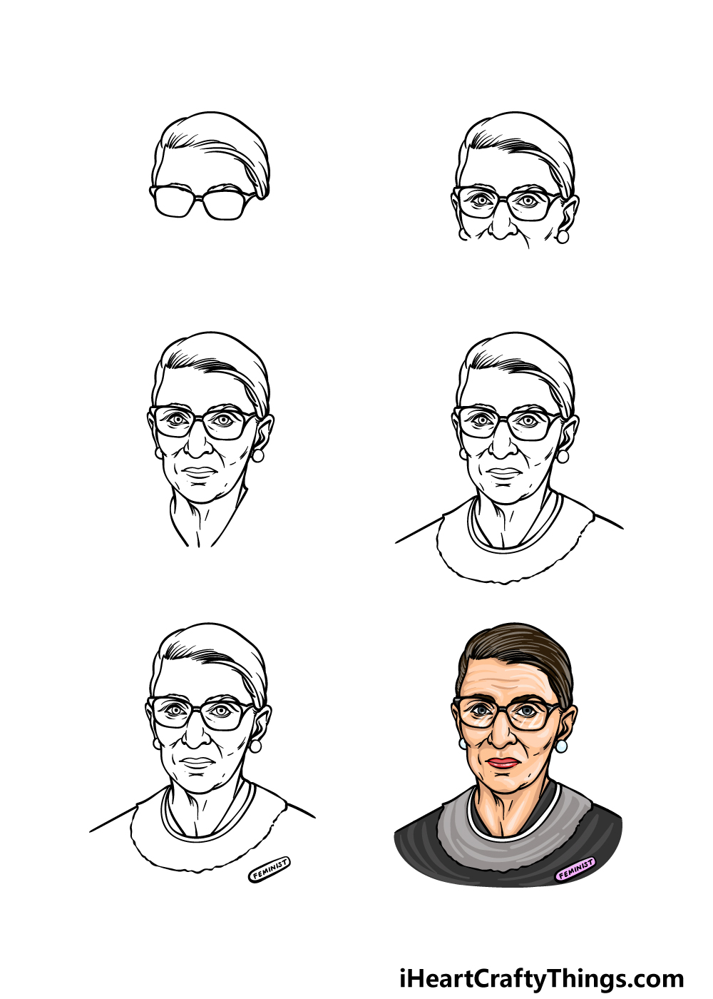 how to draw Ruth Bader Ginsburg in 6 steps
