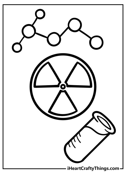 Science printable featuring a radioactive symbol in the centre surrounded by a strand of molecules and a beaker