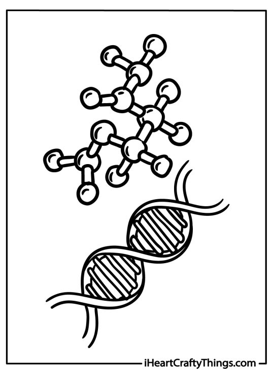 Detailed science-inspired coloring printable depicting a molecule and a strand of DNA