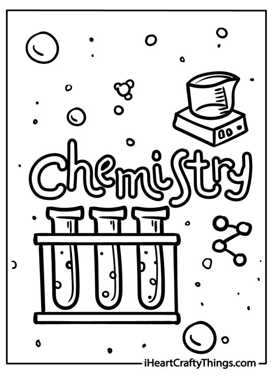 Science-themed poster featuring word Chemistry surrounded by a beaker a test tube rack and molecules