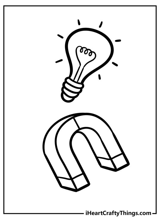 Science-inspired coloring sheet presenting a lightbulb and a horseshoe magnet below it