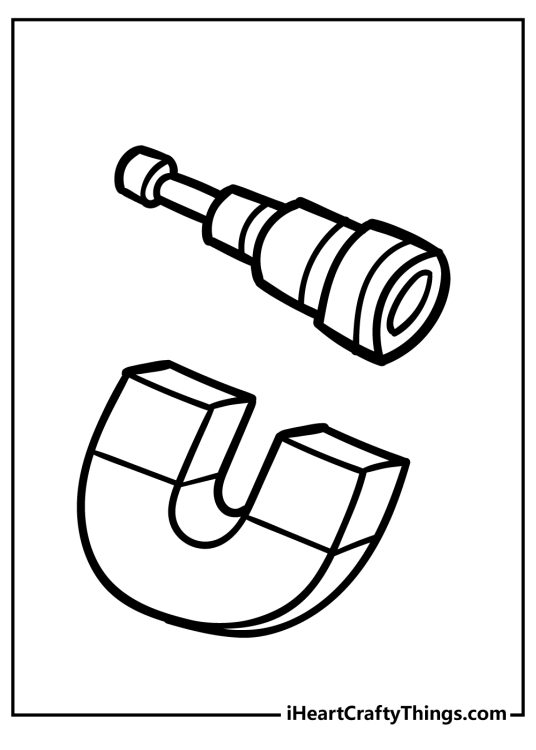 Science-themed coloring illustration presenting a telescope at the top and a coil magnet underneath it