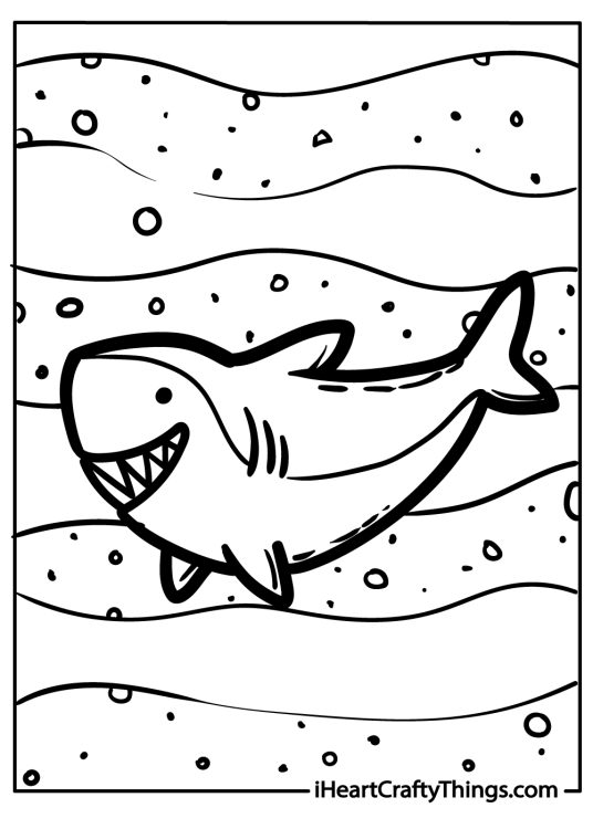 Sea animal coloring page showing cartoony shark swimming through the sparkling ocean water