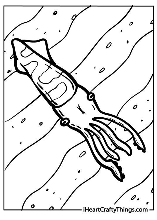 Sea animal printable featuring giant squid with very long snaking tentacles trailing far behind its body