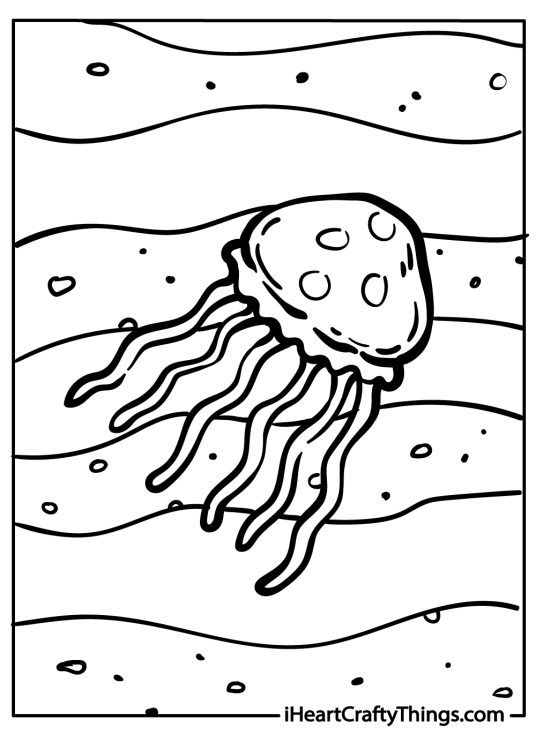 Sea animal printable capturing delicate jellyfish with long stinging tentacles floating out around its body
