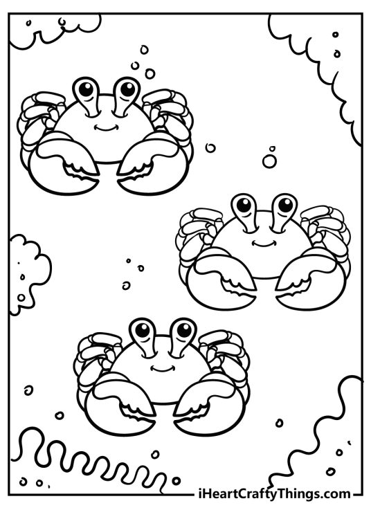 Sea animal coloring sheet featuring three adorable little crabs with happy facial expression