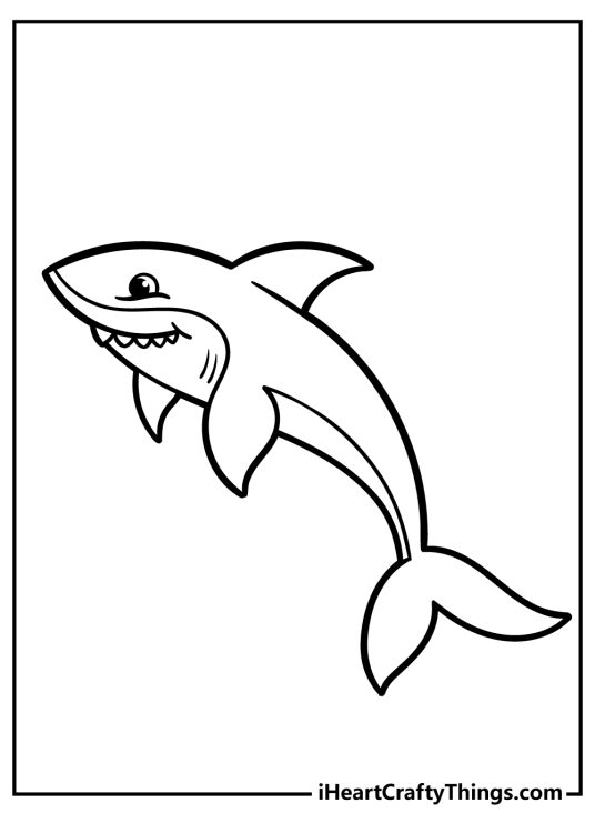 Sea animal-inspired coloring illustration presenting cartoony shark with sharp teeth