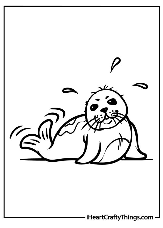 Detailed printable of a happy seal lying on its belly in a water and using flippers to splash water around itself