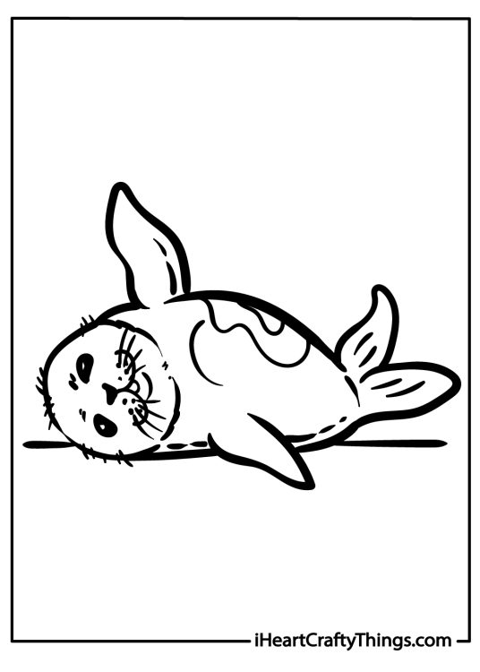 Detailed printable pdf of a happy seal chilling and relaxing on its side with a round belly up