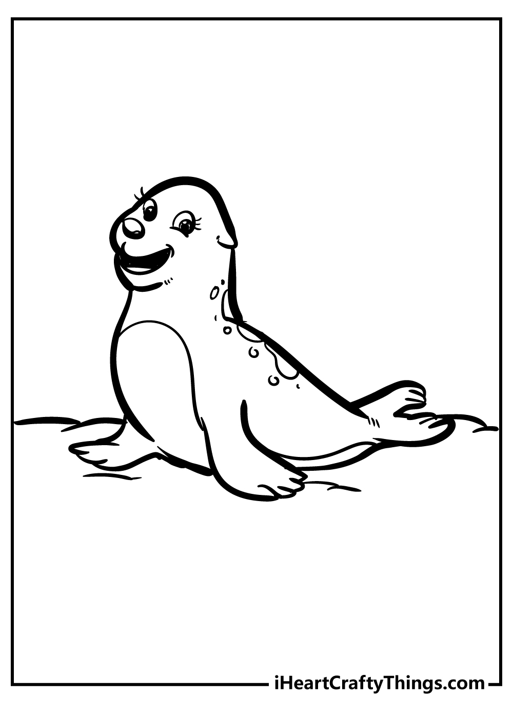 Animal-themed coloring sheet featuring a cute happy seal lying on its belly on dry land