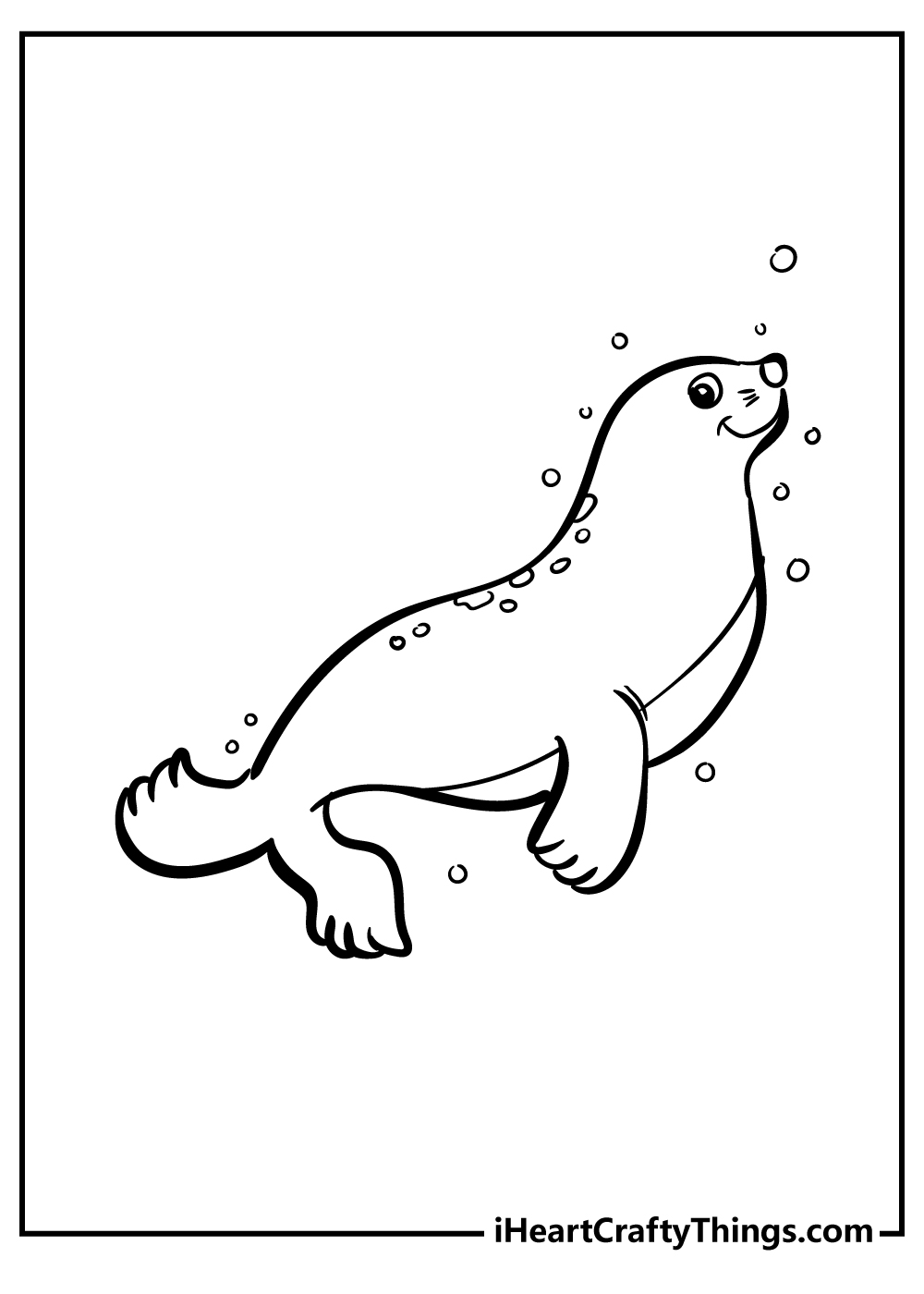 Coloring sheet featuring a happy and relaxed seal enjoying swim underwater