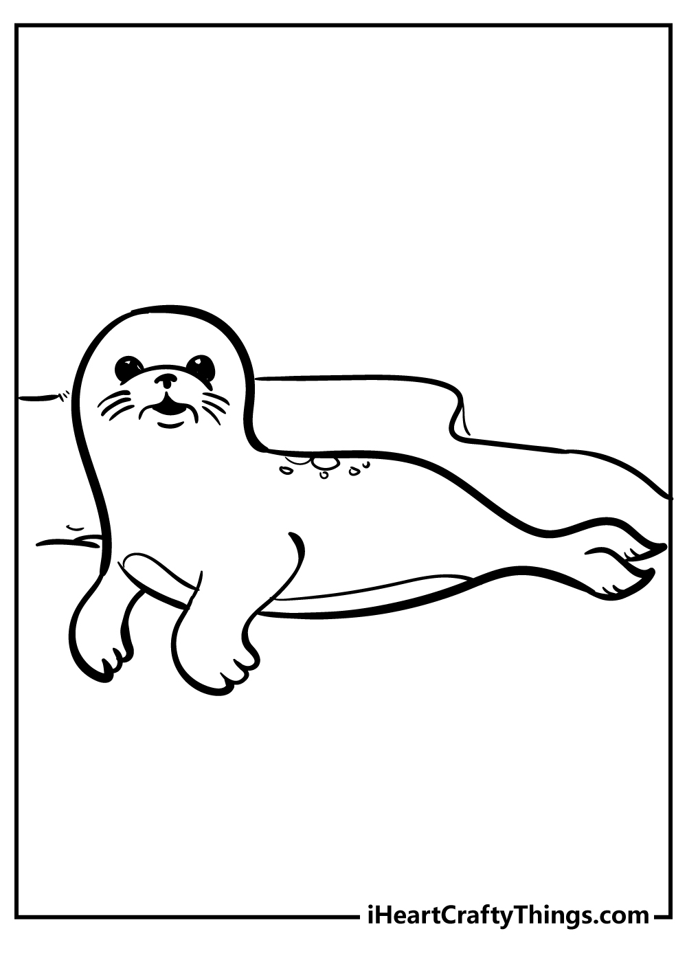 Printable sheet for kids featuring a little whiskered seal lying on a sheet of ice