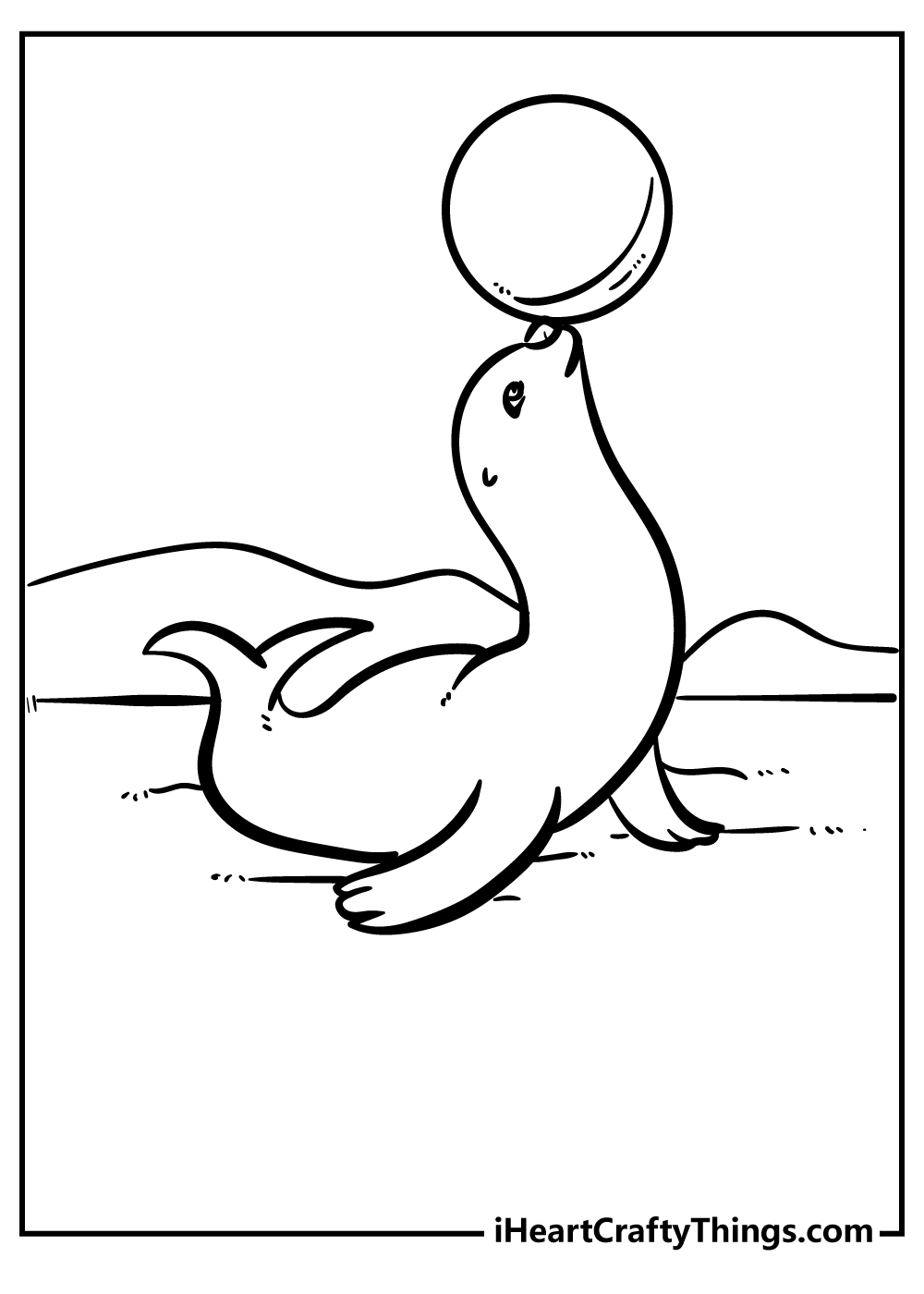 Printable pdf featuring a playful seal performing trick with a ball on a meadow