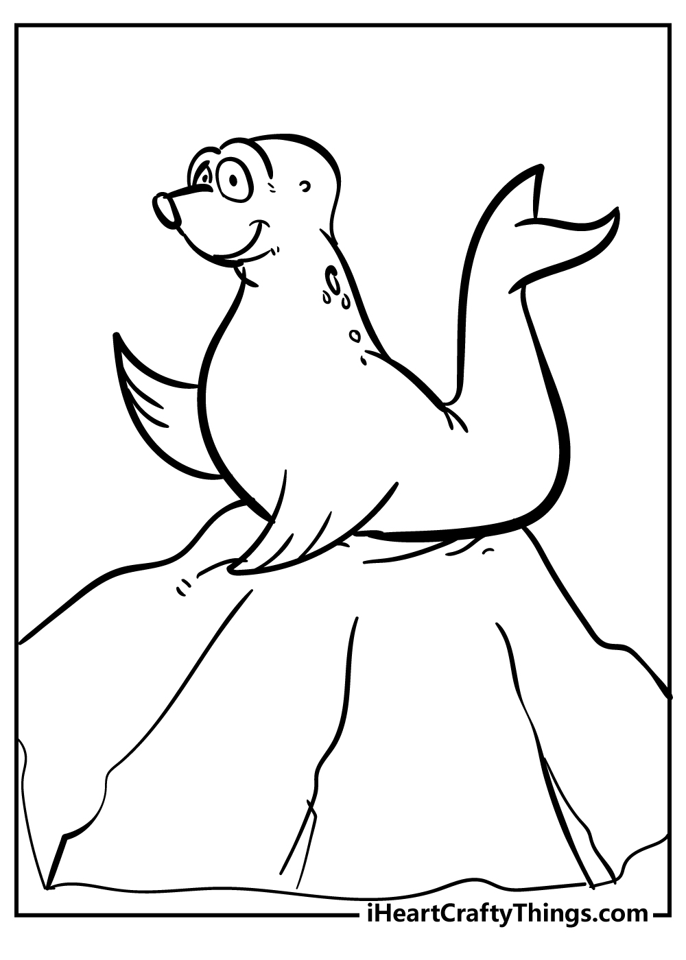 Animal-themed coloring page featuring a cartoony seal on a rock with its right flipper up