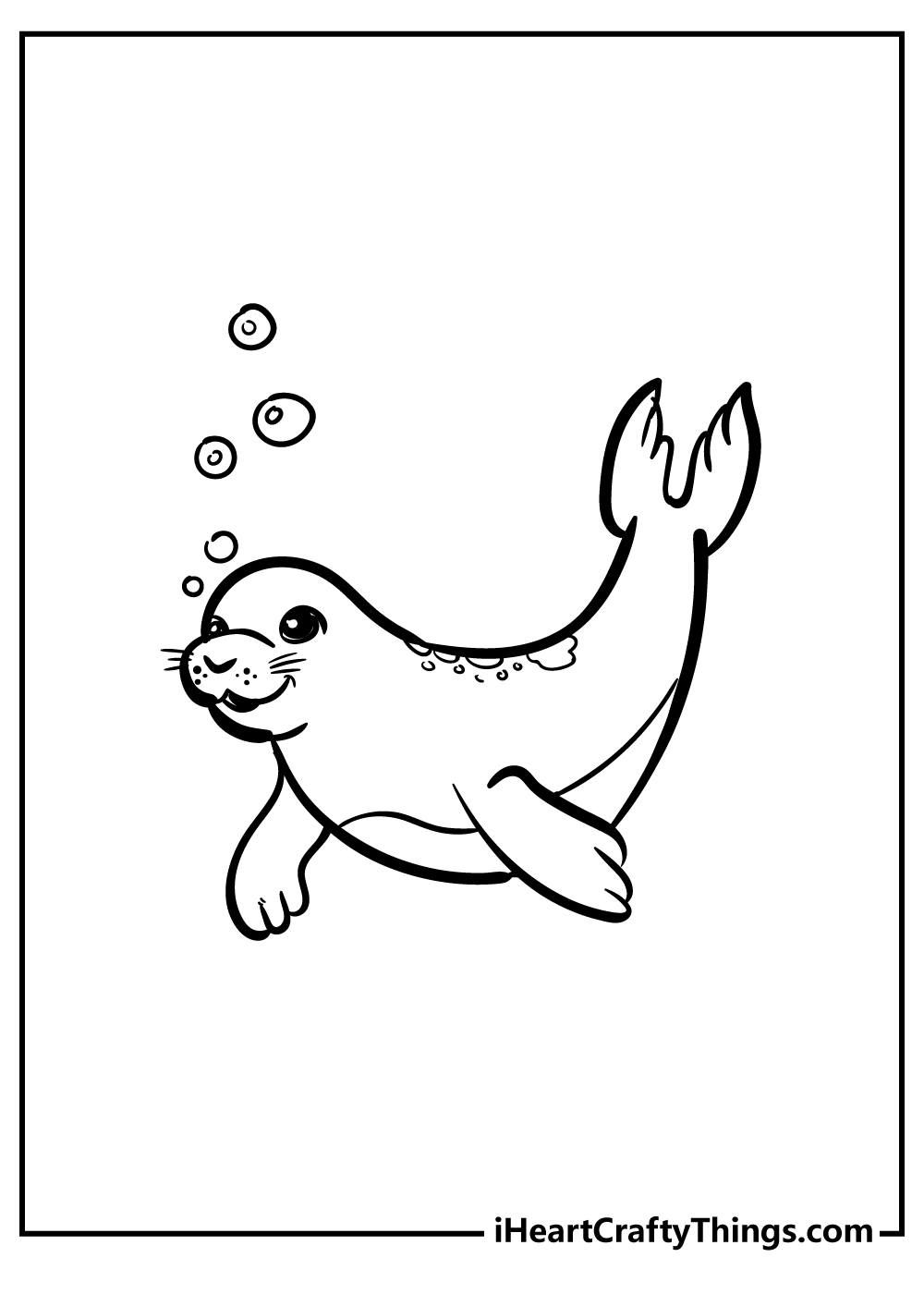 Coloring page for kids featuring a young happy seal floating in the ocean depths