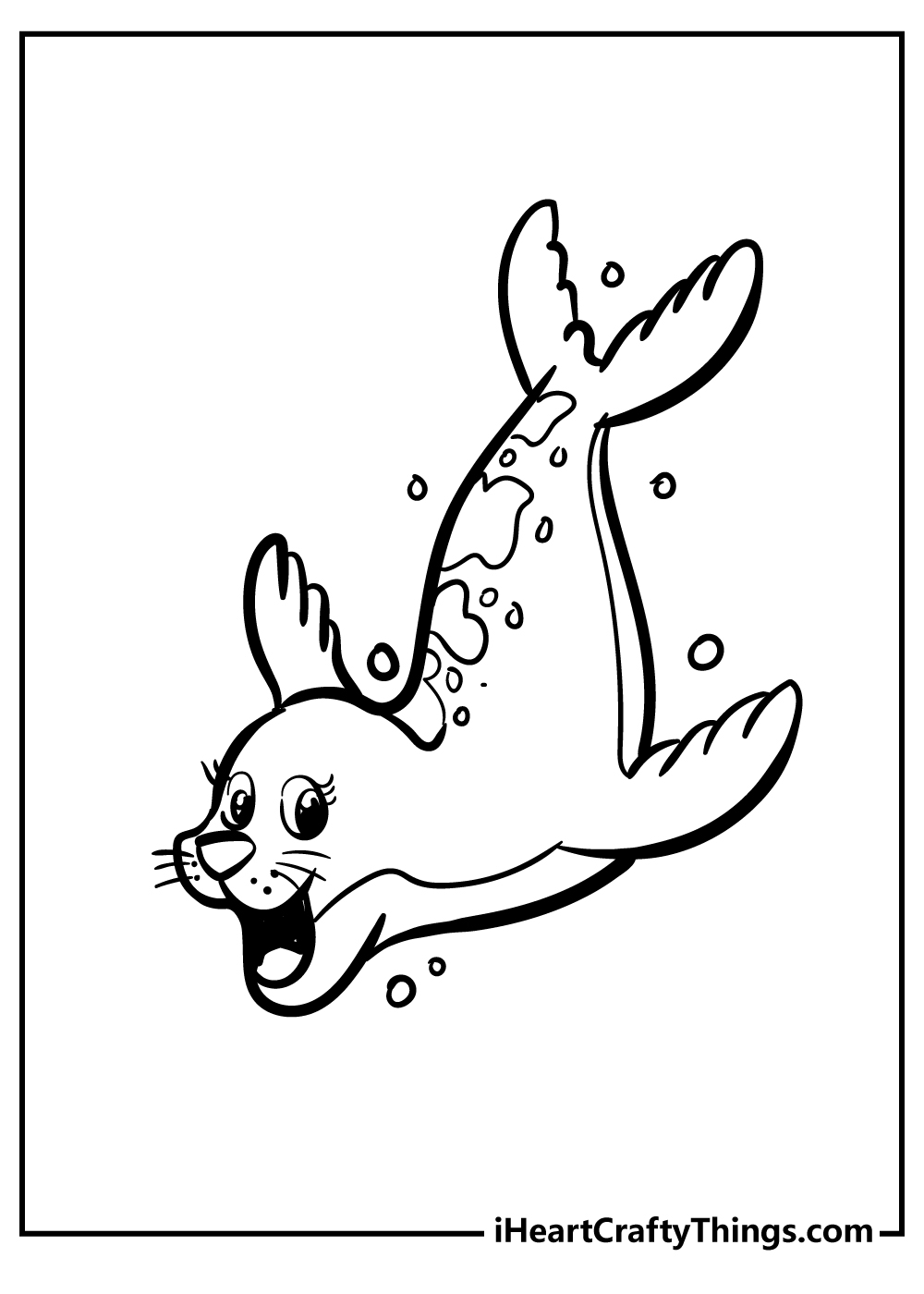 Detailed coloring picture of a very excited young seal diving deep in the water